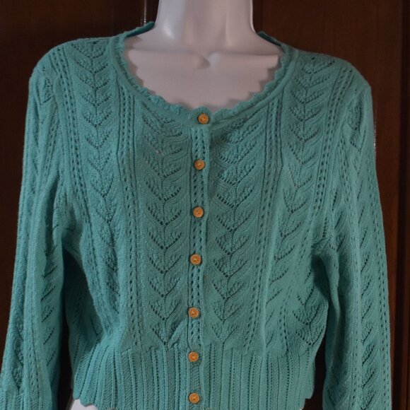 Express Teal Cropped Cotton Knit Cardigan Sweater Size Large - Picture 6 of 15